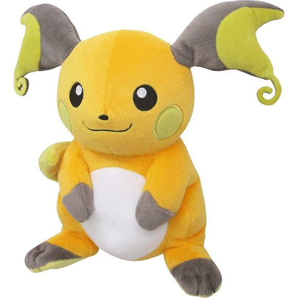 Raichu is a bipedal, rodent-like Pokémon. Raichu is covered in dark orange fur with a white belly. Its bifurcated ears are brown on the outside, yellow on the insides, and end in a distinctive curl. There are circular yellow markings on its cheek where its electric sacs are, and it has a triangular, dark brown nose. Its arms and feet have patches of brown fur at the end, and the soles of its big feet are tan with a circular orange pad. On its back are two horizontal brown stripes. Its long, thin tail has a