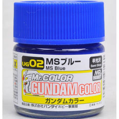 Mr Gundam Color paint, suitable for hand brushing & airbrushing, with good adhesion & fast drying is one of the finest scale modelling / hobby paints available. Solvent-based Acrylic, thin with Mr Color Thinner or Mr Color Levelling Thinner. Treat paint as a lacquer.  UG02 MS Blue Semi-Gloss Paint. 10ml screw top bottle.