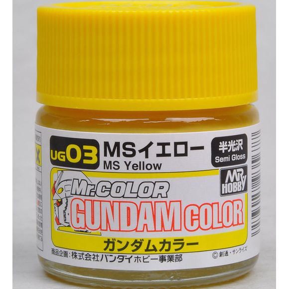 Mr Gundam Color paint, suitable for hand brushing & airbrushing, with good adhesion & fast drying is one of the finest scale modelling / hobby paints available. Solvent-based Acrylic, thin with Mr Color Thinner or Mr Color Levelling Thinner. Treat paint as a lacquer.  UG03 MS Yellow Paint. 10ml screw top bottle.

Continental US Shipping Only, ground transport only.  No Expedited shipping.