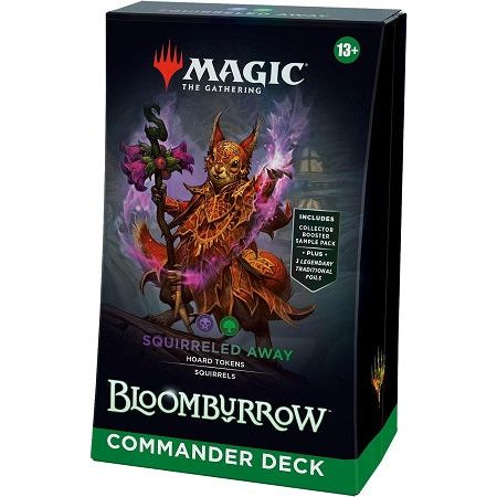 Battle your friends in epic multiplayer battles with a Black-Green deck that’s ready to play right out of the box. This Bloomburrow Squirreled Away Commander Deck includes 1 deck of 100 Magic cards (3 Traditional Foil cards, 97 nonfoil cards), a 2-card Collector Booster Sample Pack (contains 1 Traditional Foil or nonfoil alt-border card of rarity Rare or higher and 1 Traditional Foil Uncommon card), 10 double-sided tokens, 1 deck box (can hold 100 sleeved cards), 1 Life Wheel, 1 strategy insert, and 1 refer